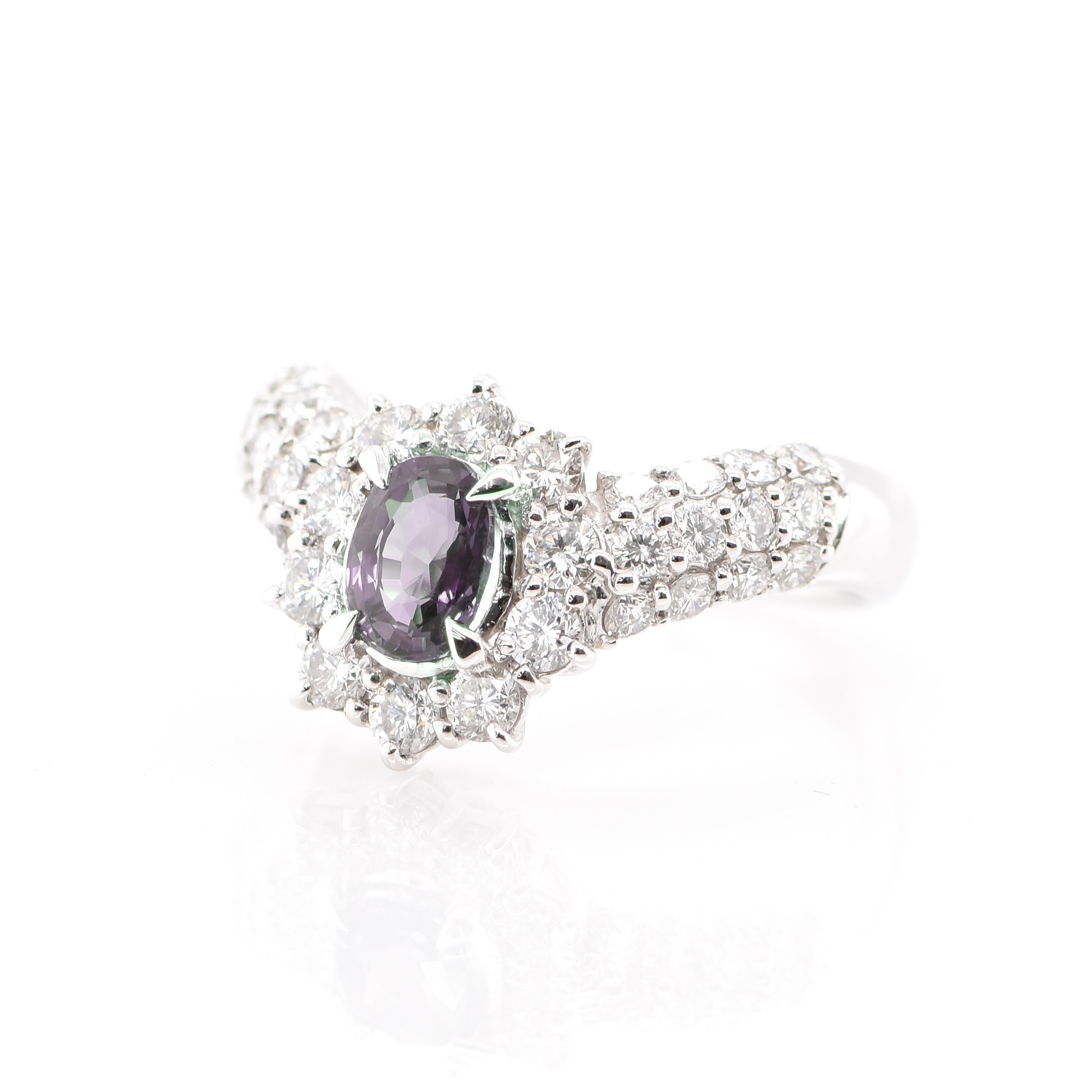 Oval Cut 0.88 Carat Alexandrite and Diamond Cluster Ring Set in Platinum