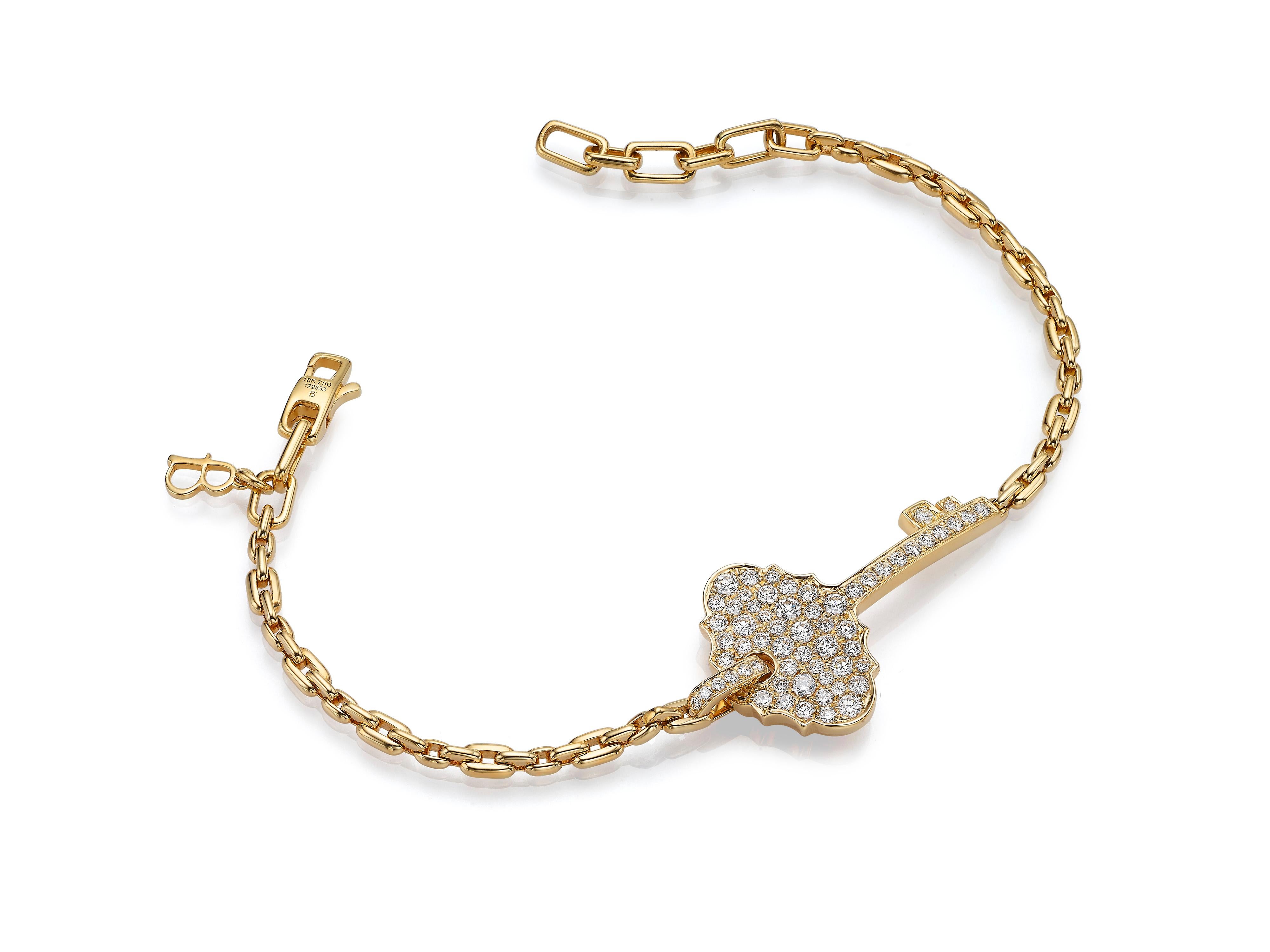A simple, stackable bracelet that is perfect for every day.  Butani’s 18K yellow gold bracelet is strung with a key pendant and encrusted with diamonds totaling 0.88 carats.  Adjustable to your preferred length.  Also available in rose gold and