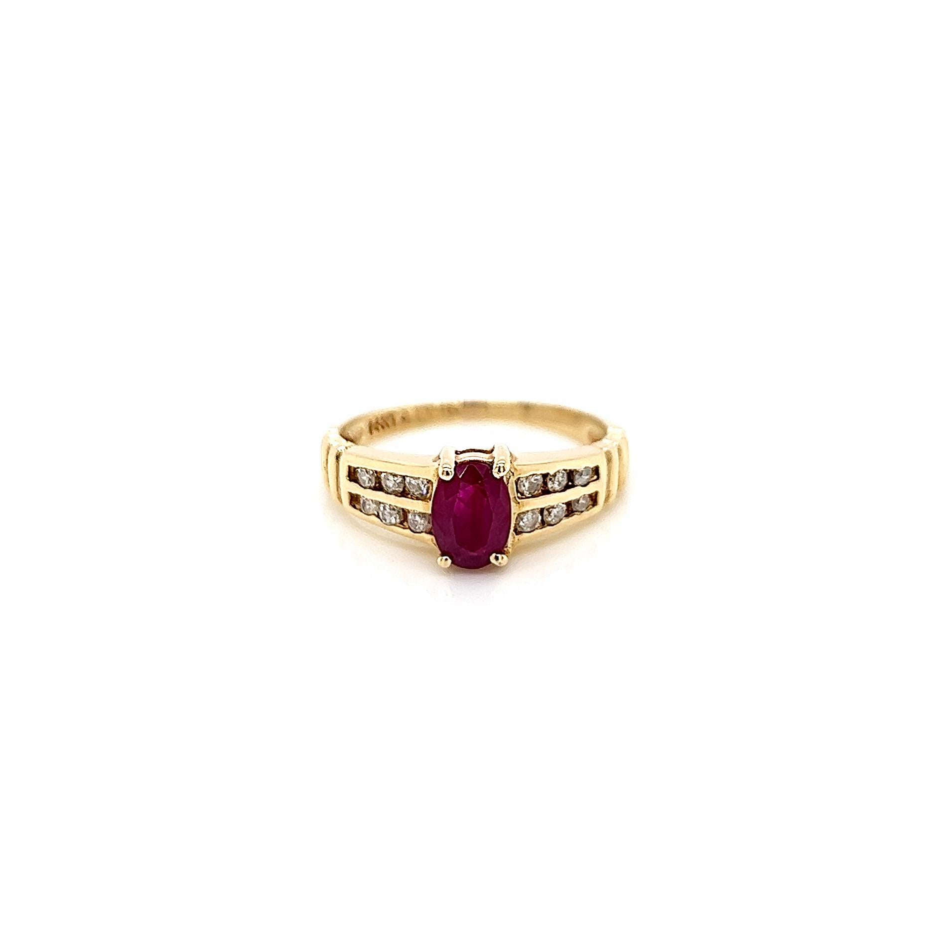 0.88 Total Carat Diamond and Ruby Ladies Ring

-Metal Type: 14K Yellow Gold
-0.18 Carat Round Natural Diamonds, G-H Color, I1 Clarity 
-0.70 Carat Oval Cut Natural Ruby 
-Size 7.0

Resize is available. Just contact us before ordering, the price may