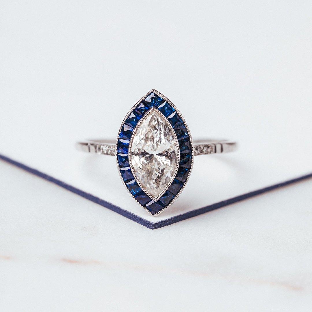 0.88 Carat Diamond Sapphire Platinum Engagement Ring In Excellent Condition In Beverly Hills, CA