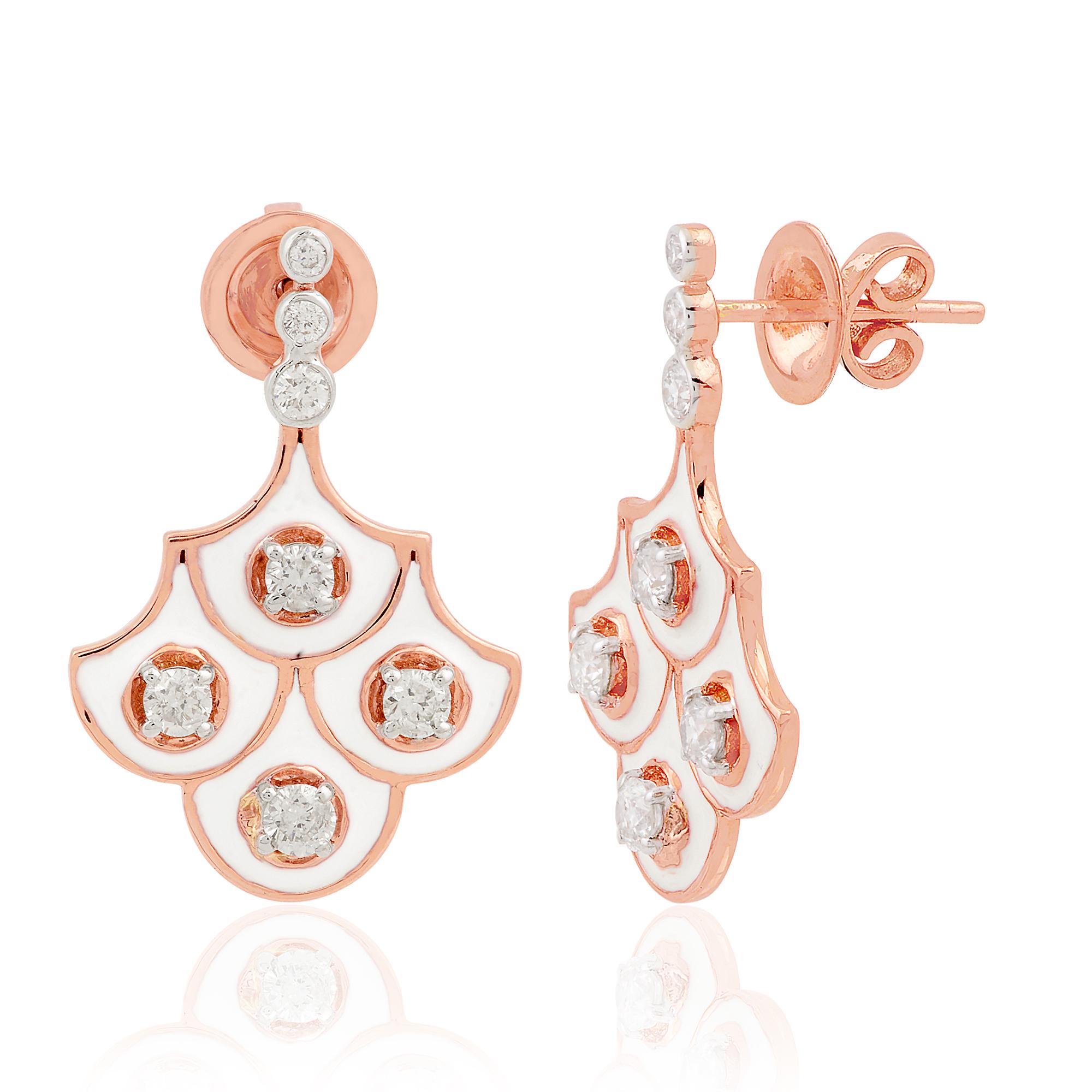Modern 0.88 Carat Diamond White Enamel Dangle Earrings 14k Rose Gold Handmade Jewelry For Sale