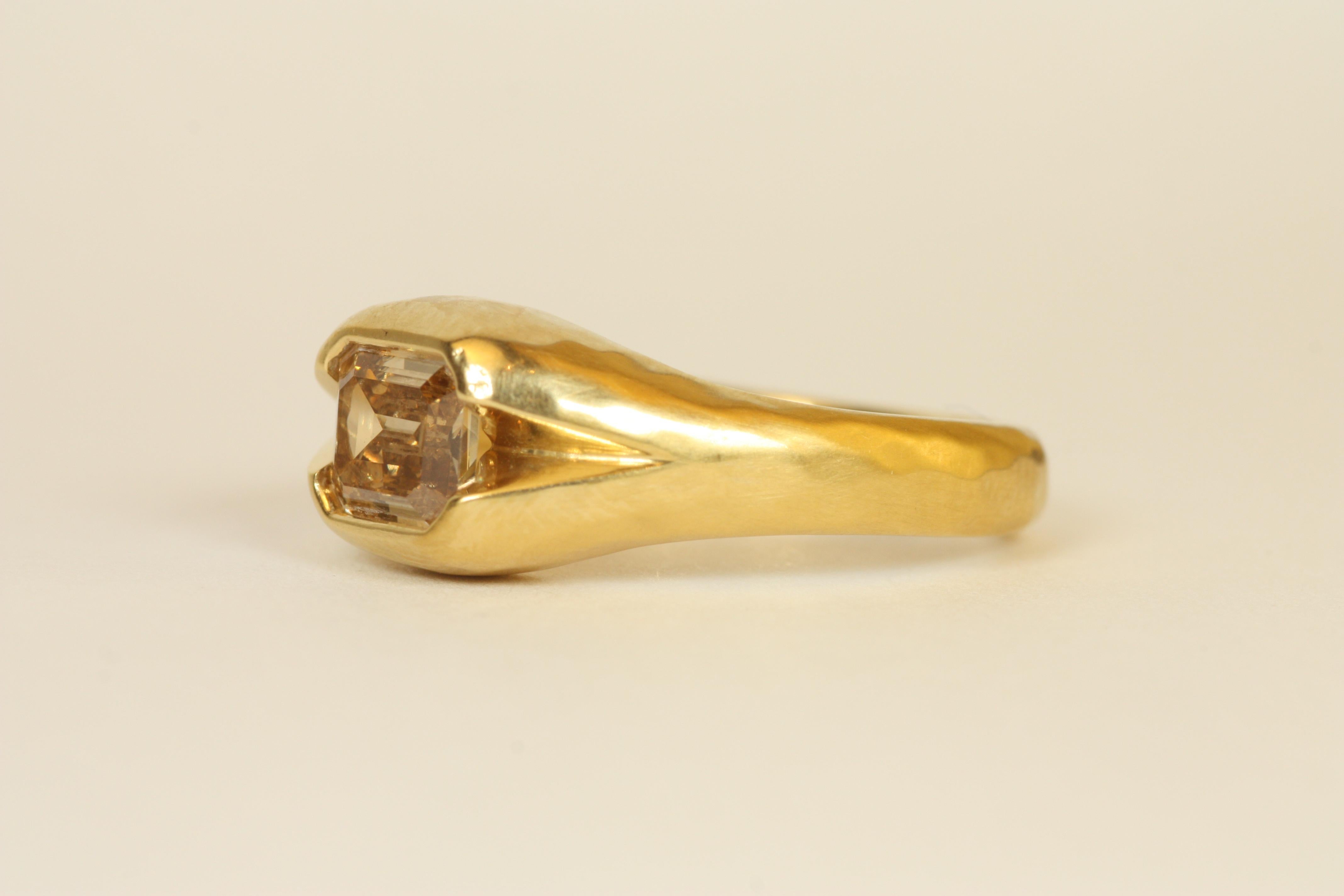 Women's 0.88 Carat Emerald Cut Cinnamon Diamond 22K Gold Split-Shank Engagement Ring For Sale