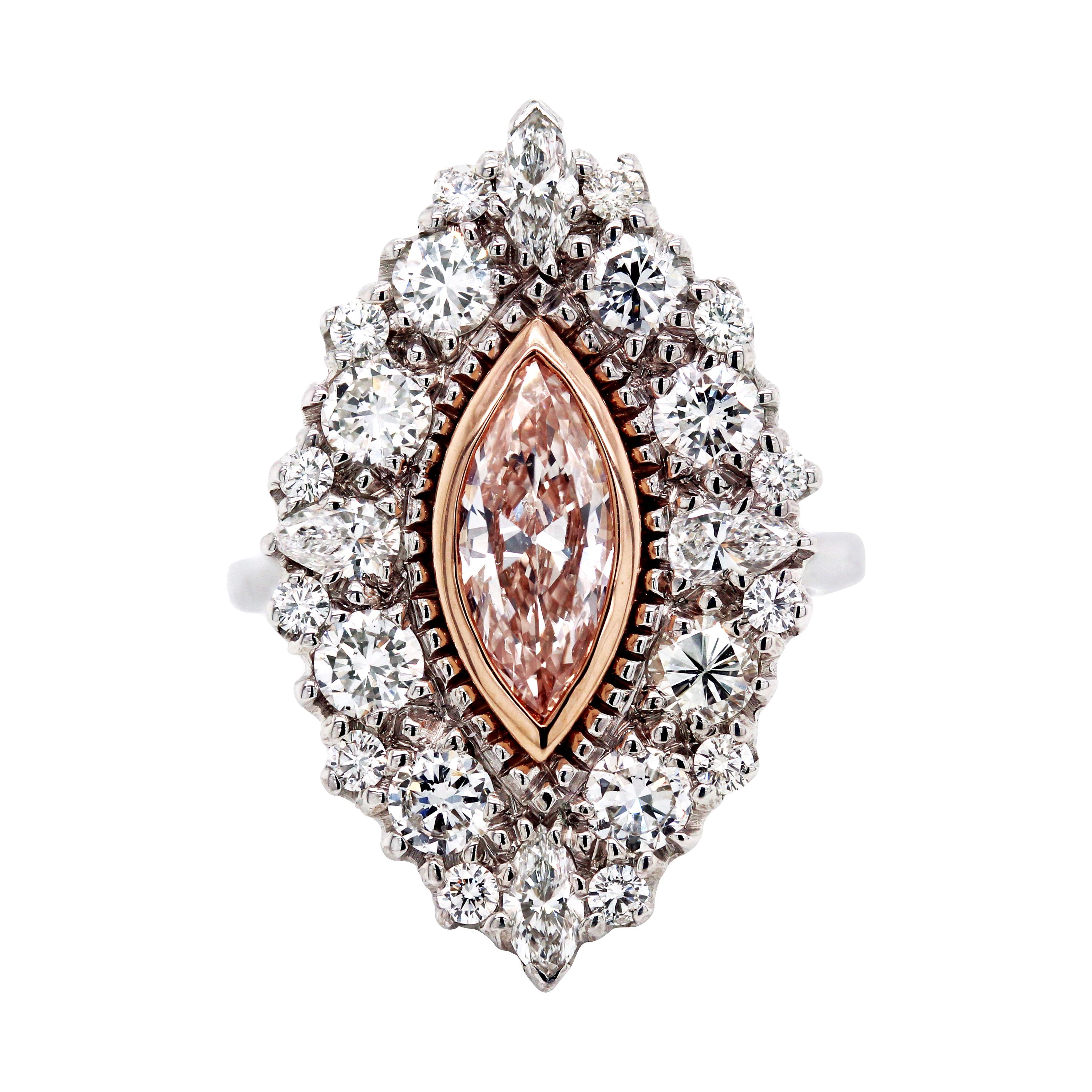 GIA Certified 0.88ct. Marquise Fancy Pink Diamond Center 18K White Gold Ring