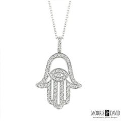0.88 Carat Natural Diamond Hamsa Necklace 14 Karat White Gold G SI Chain