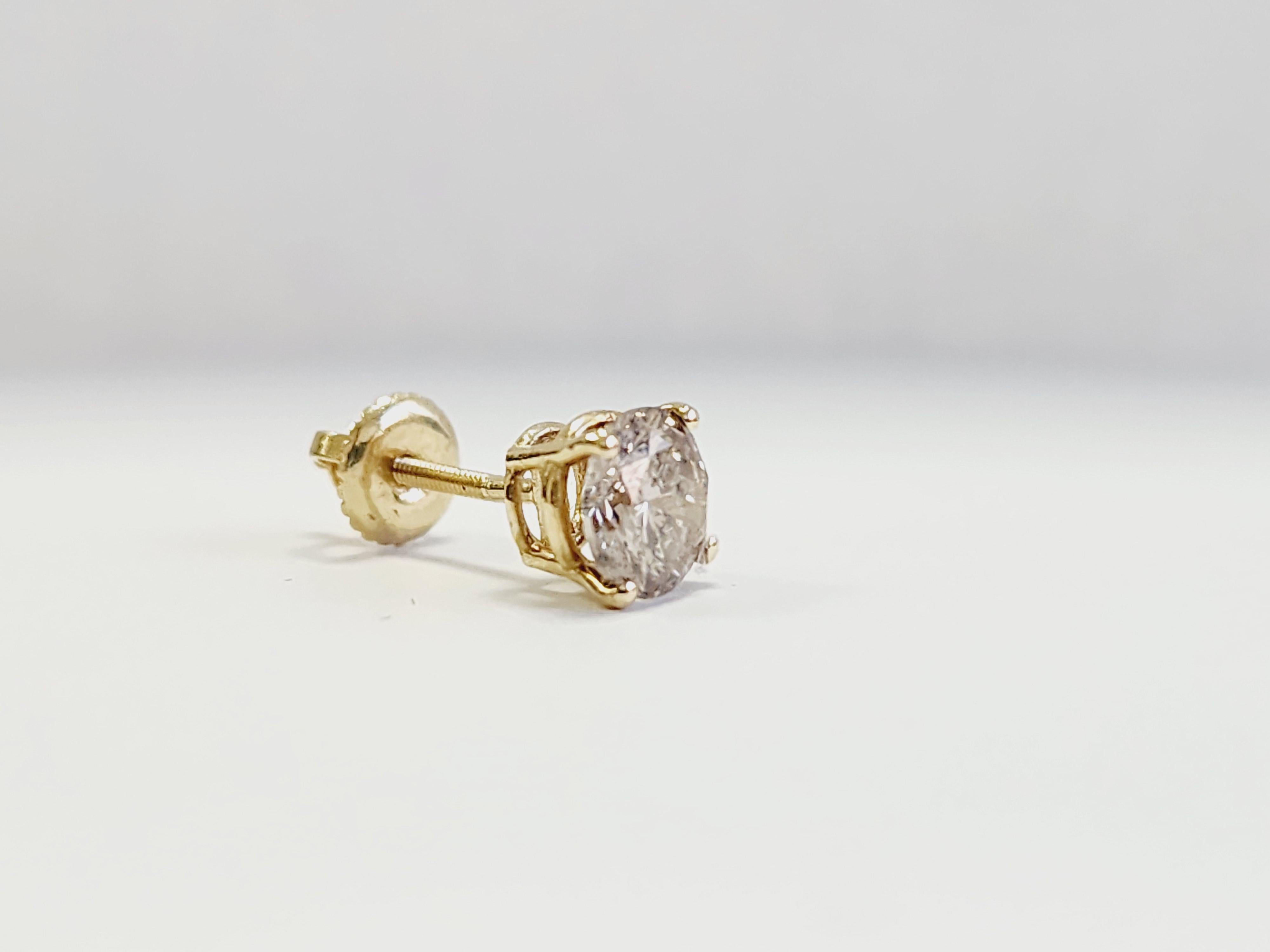 0,88 Karat natürlicher Diamant Runder Diamant-Ohrstecker aus Gelbgold 14 Karat im Angebot 1
