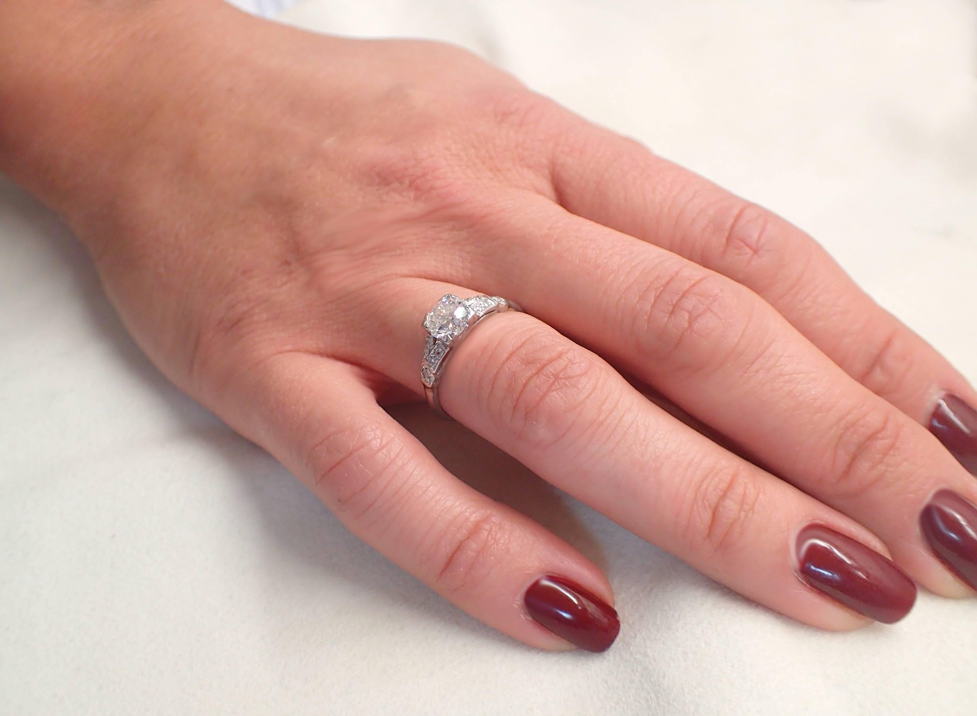 0.88 Carat Old Mine Cut Art Deco Platinum Engagement Ring For Sale 1