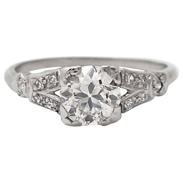 0.88 Carat Old Mine Cut Art Deco Platinum Engagement Ring For Sale