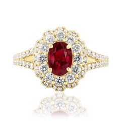 0.88 Carat Oval Ruby and Diamond Cocktail Flower Ring in 18K Yellow Gold