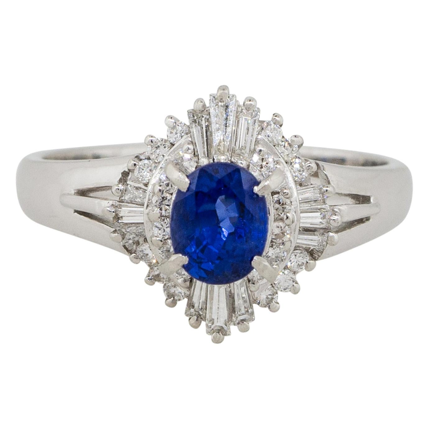 0.88 Carat Oval Sapphire Center Diamond Cocktail Ring Platinum in Stock For Sale