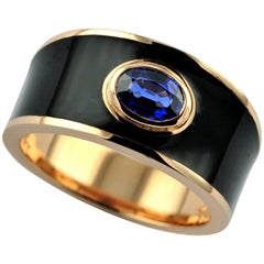 0.88 Carat Oval Shaped Sapphire Black Enamel-Plated Hafsa Rose Gold Ring