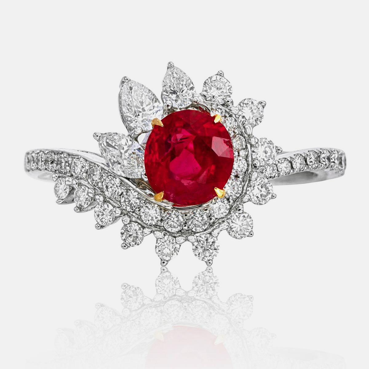 Round Cut 0.88 Carat Pigeon Blood Burma No Heat Ruby and Diamond Ring in 18 Karat Gold For Sale