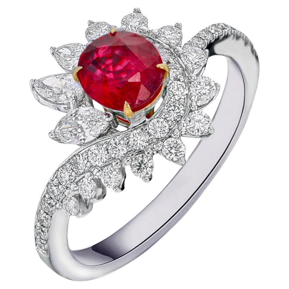 0.88 Carat Pigeon Blood Burma No Heat Ruby and Diamond Ring in 18 Karat Gold For Sale