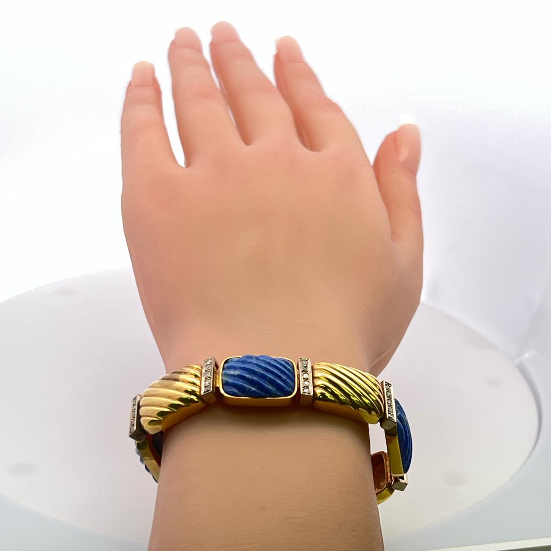 0,88 Karat Runder Brillant Diamant Lapis Lazuli 18K Gelbgold Link Armband im Angebot 5