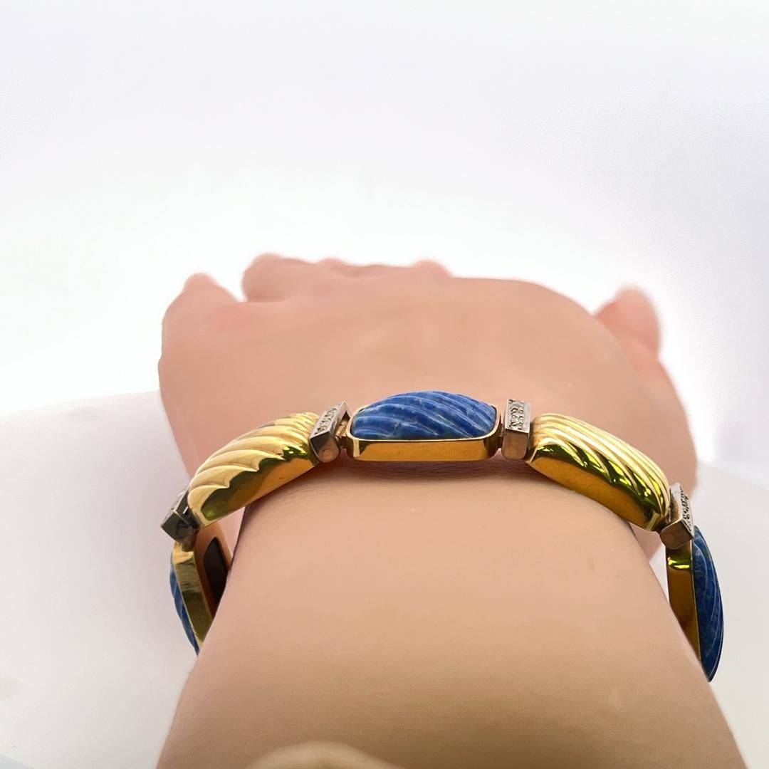 0,88 Karat Runder Brillant Diamant Lapis Lazuli 18K Gelbgold Link Armband im Angebot 6
