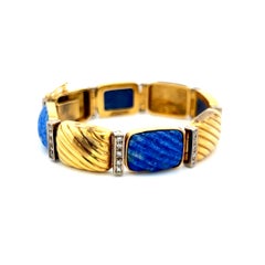0.88 Carat Round Brilliant Diamond Lapis Lazuli 18K Yellow Gold Link Bracelet