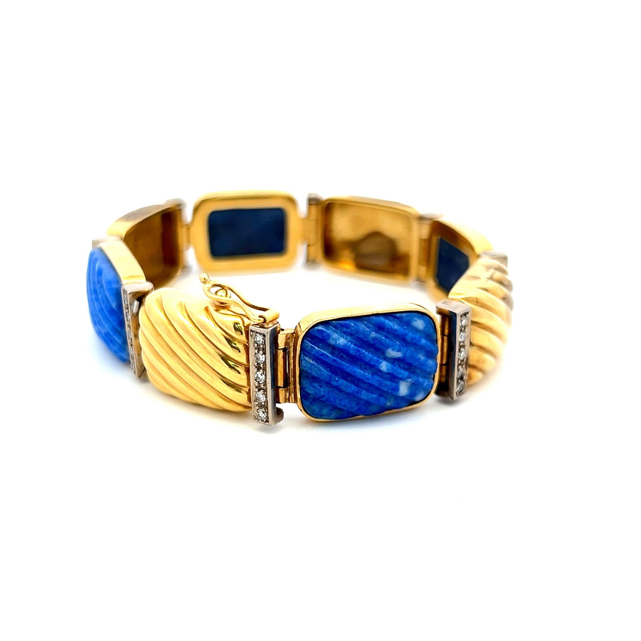 0,88 Karat Runder Brillant Diamant Lapis Lazuli 18K Gelbgold Link Armband (Brillantschliff) im Angebot