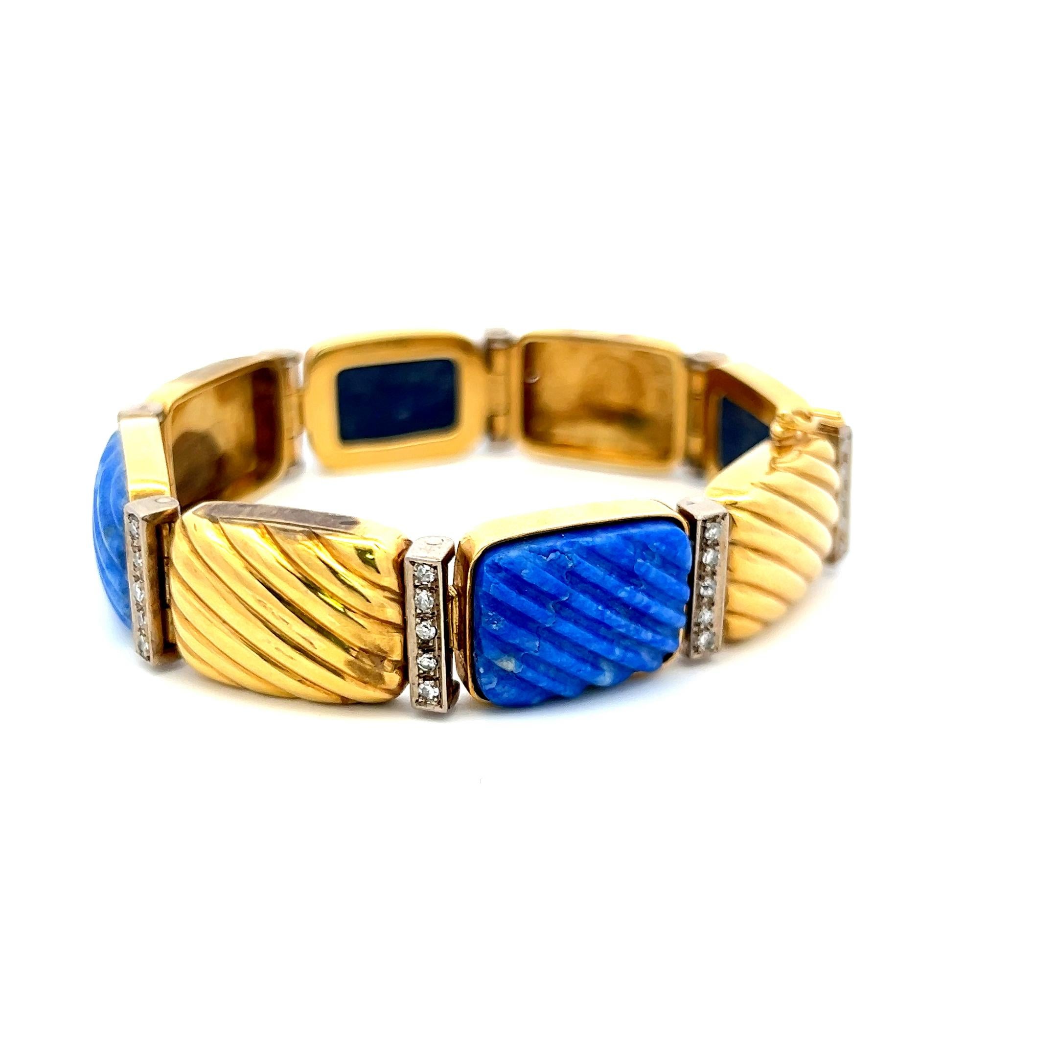 0,88 Karat Runder Brillant Diamant Lapis Lazuli 18K Gelbgold Link Armband im Zustand „Gut“ im Angebot in New York, NY