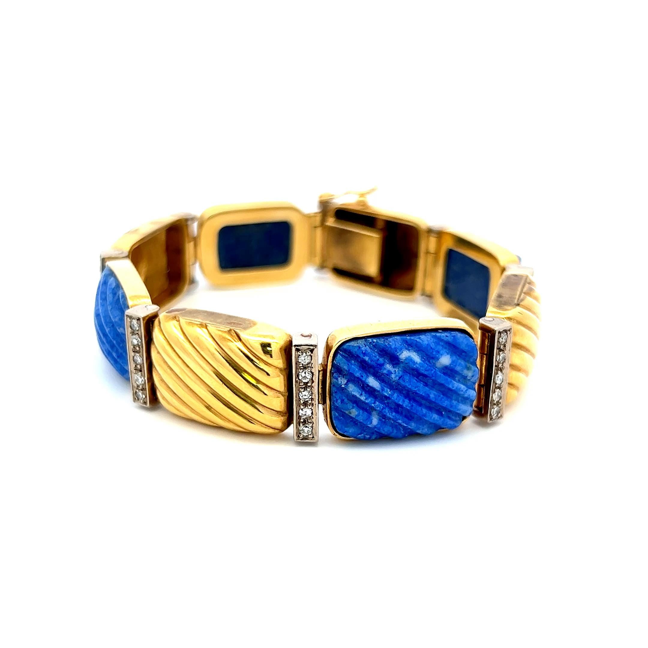 0,88 Karat Runder Brillant Diamant Lapis Lazuli 18K Gelbgold Link Armband Damen im Angebot