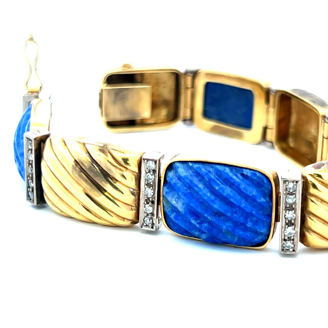0,88 Karat Runder Brillant Diamant Lapis Lazuli 18K Gelbgold Link Armband im Angebot 2