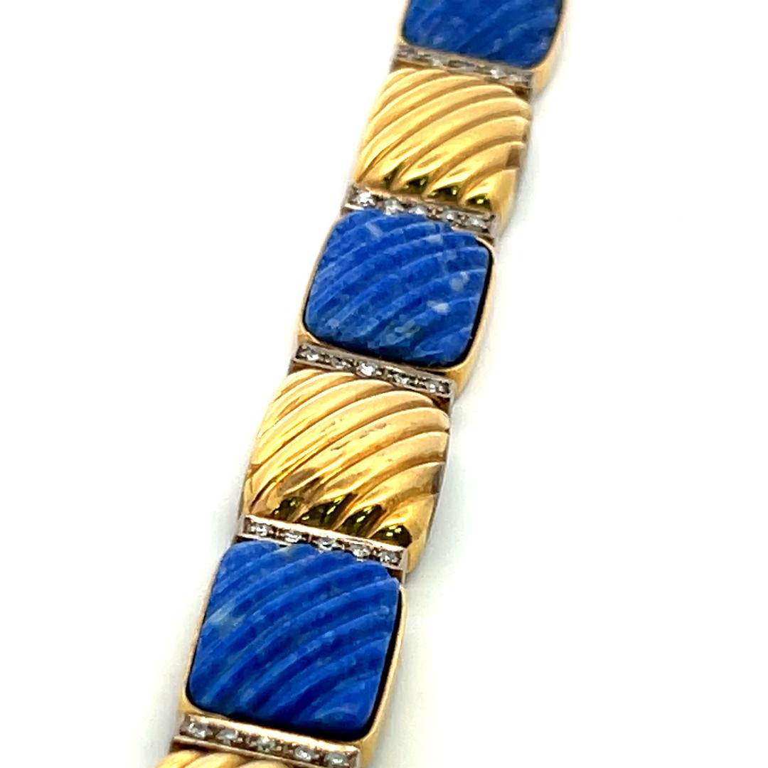 0,88 Karat Runder Brillant Diamant Lapis Lazuli 18K Gelbgold Link Armband im Angebot 3