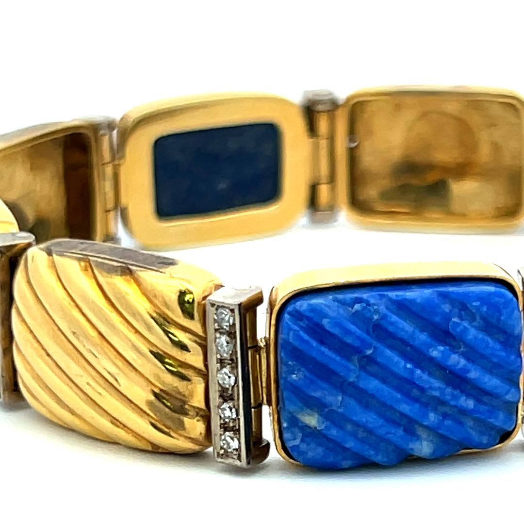 0,88 Karat Runder Brillant Diamant Lapis Lazuli 18K Gelbgold Link Armband im Angebot 4