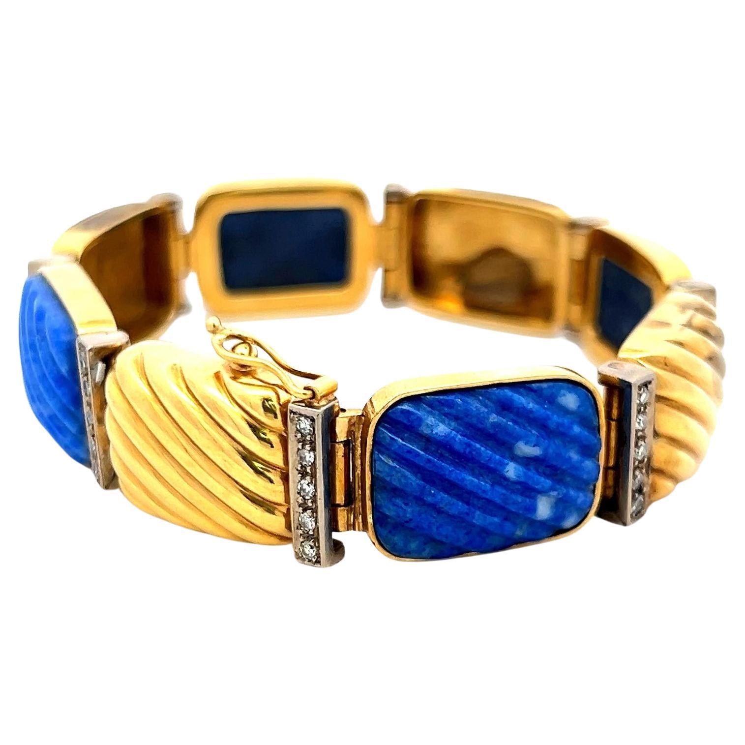 0.88 Carat Round Brilliant Diamond Lapis Lazuli 18K Yellow Gold Link Bracelet