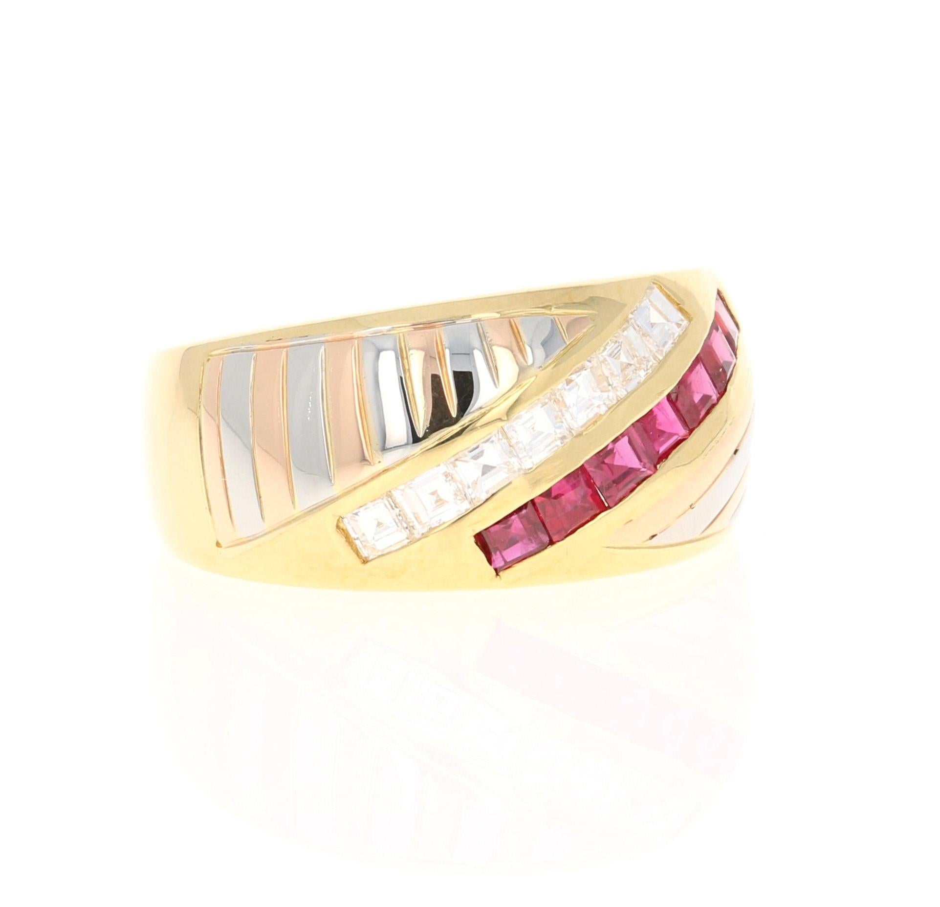 This beautiful ring has 7 Princess Cut Diamonds that weigh 0.48 carats and 7 Square Cut Rubies that weigh 0.40 carats. The total carat weight of the ring is 0.88 carats. 

It is crafted in a trio of gold - 18K white, 18K yellow and 18K rose gold and