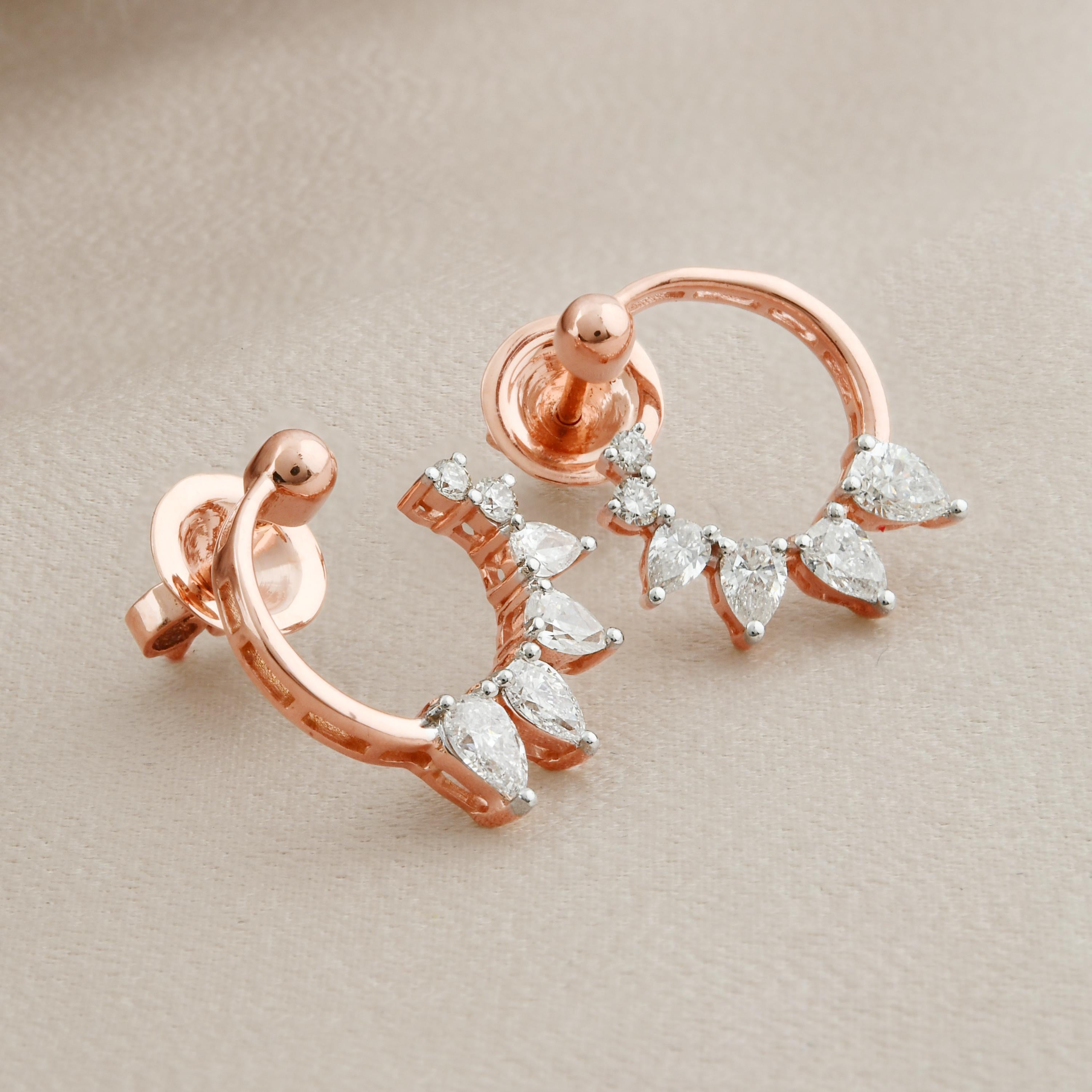 Modern 0.88 Carat SI Clarity HI Color Pear Round Diamond Earrings 18 Karat Rose Gold For Sale