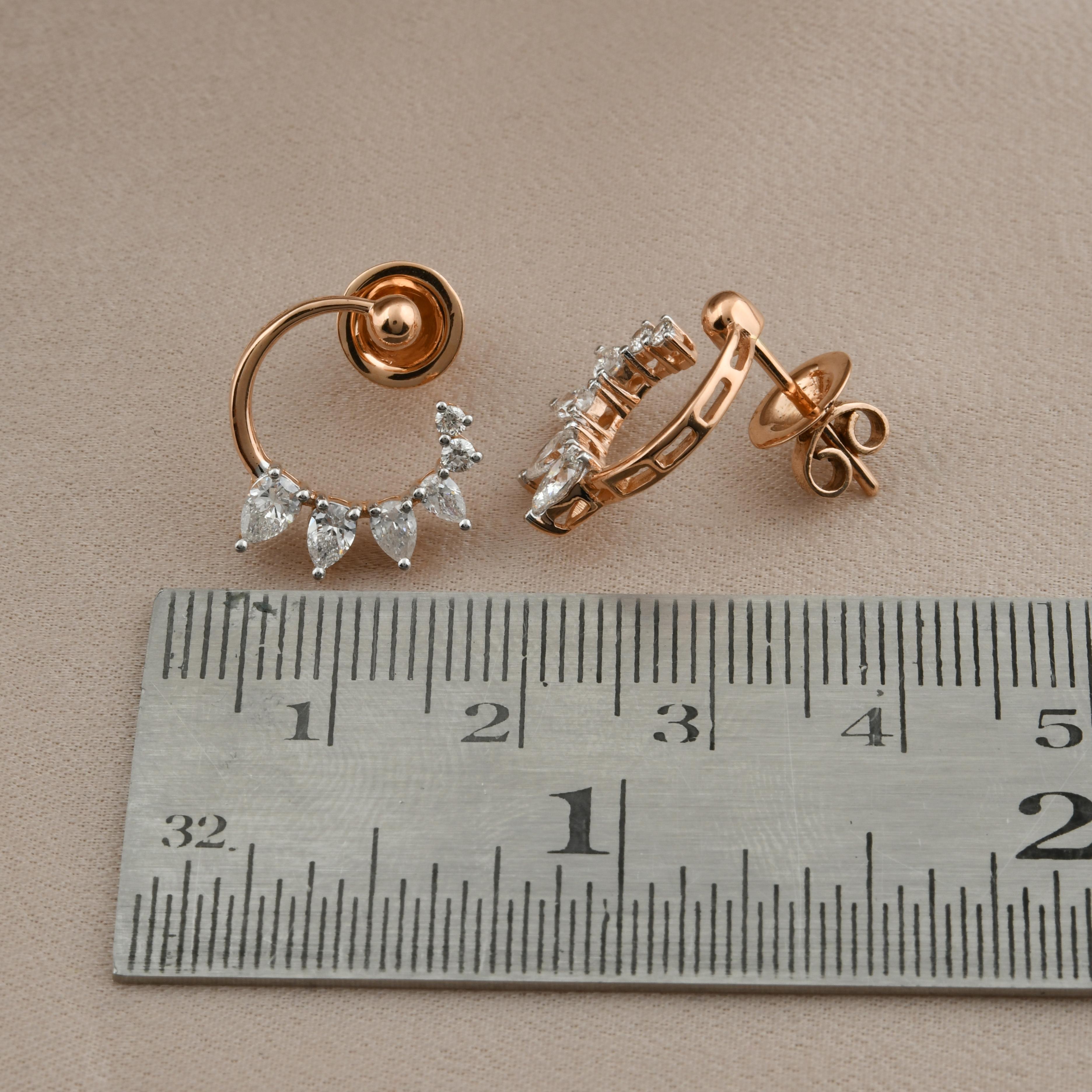 Pear Cut 0.88 Carat SI Clarity HI Color Pear Round Diamond Earrings 18 Karat Rose Gold For Sale