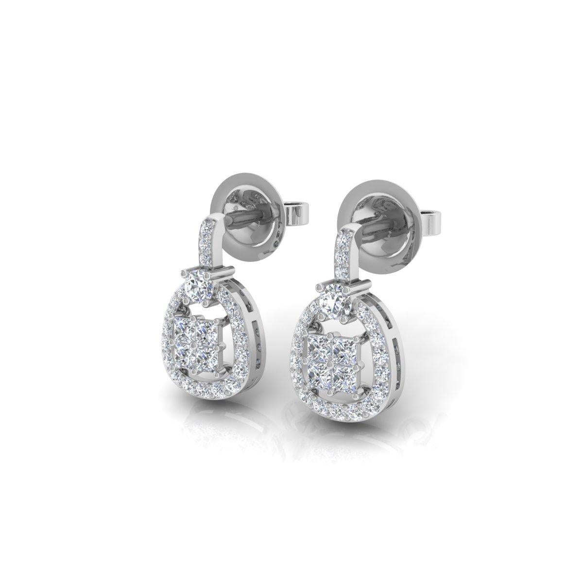 Modern 0.88 Carat SI/H Princess Round Brilliant Cut Diamond Earrings 14k White Gold For Sale