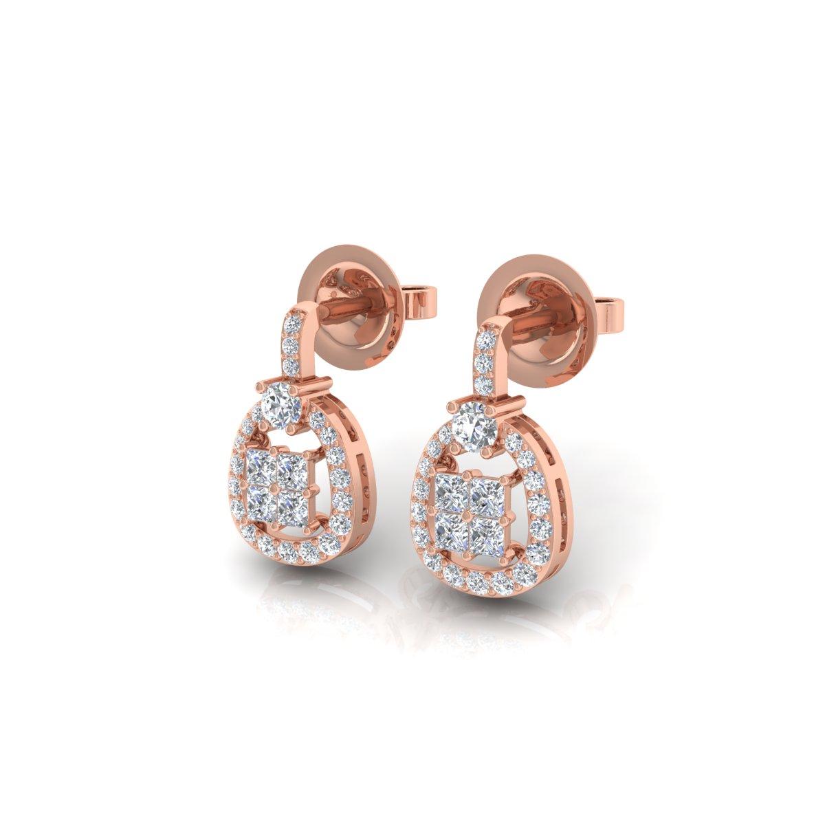 Moderne 0.88 Carat SI/H Princesse Diamant rond taille brillant Boucles d'oreilles or rose 18k en vente