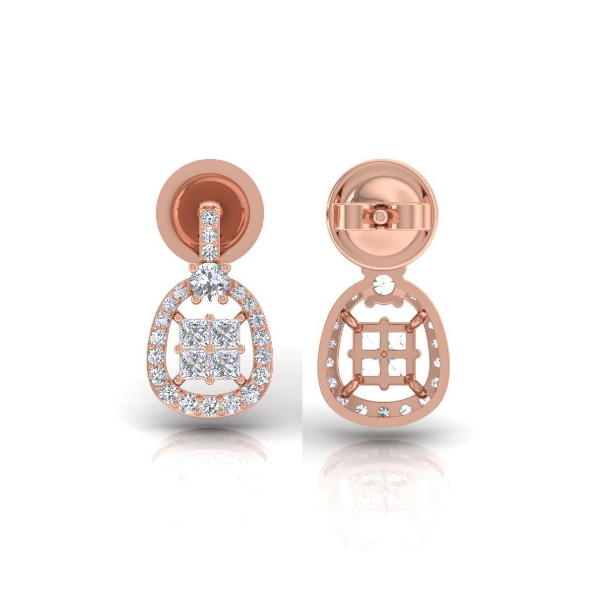 0.88 Carat SI/H Princesse Diamant rond taille brillant Boucles d'oreilles or rose 18k Neuf - En vente à Diera, Dubai