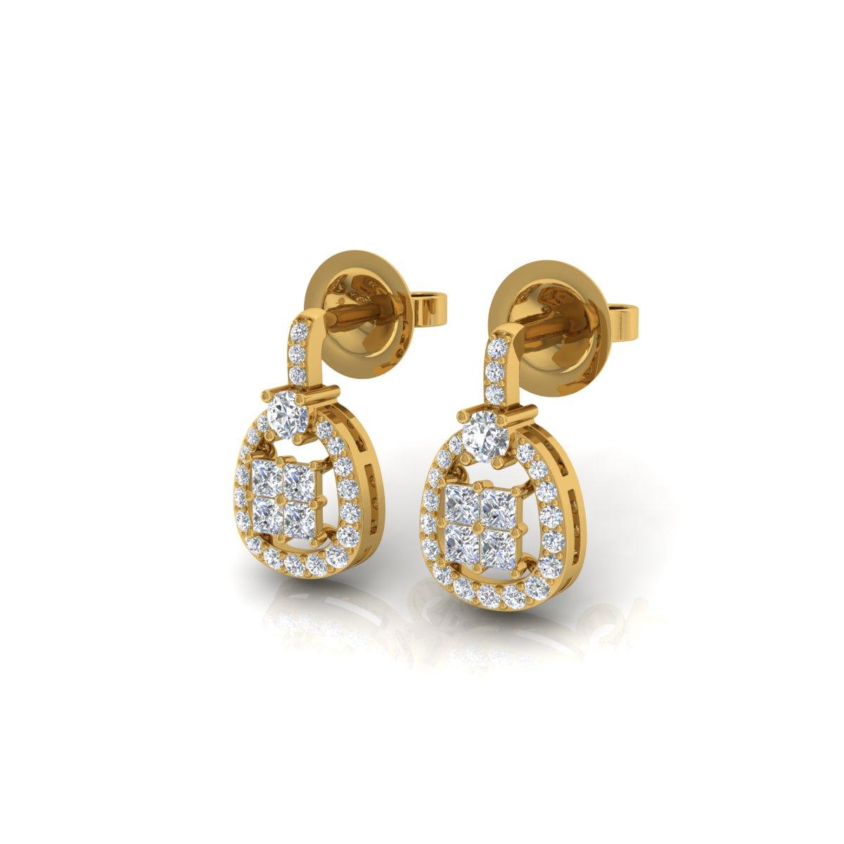 Modern 0.88 Carat SI/H Princess Round Brilliant Cut Diamond Earrings 18k Yellow Gold For Sale