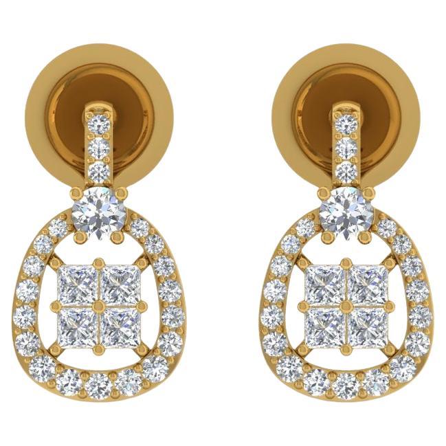 0.88 Carat SI/H Princess Round Brilliant Cut Diamond Earrings 18k Yellow Gold