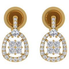 0.88 Carat SI/H Princess Round Brilliant Cut Diamond Earrings 18k Yellow Gold