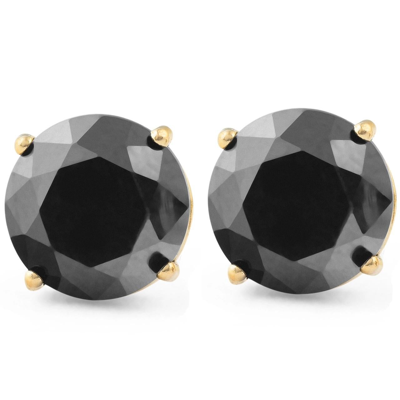 Contemporary 0.88 Carat Total Round Black Diamond Solitaire Stud Earrings in 14 K Yellow Gold