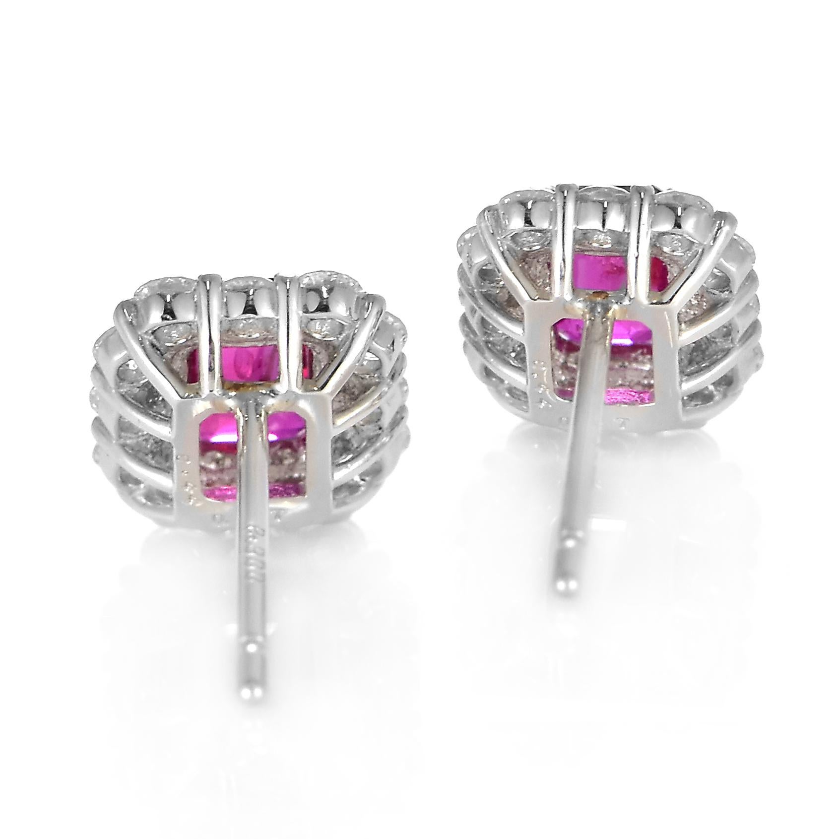 Emerald Cut 0.88 Carats Natural Untreated Rubies and Diamonds Earrings Made in Platinum For Sale