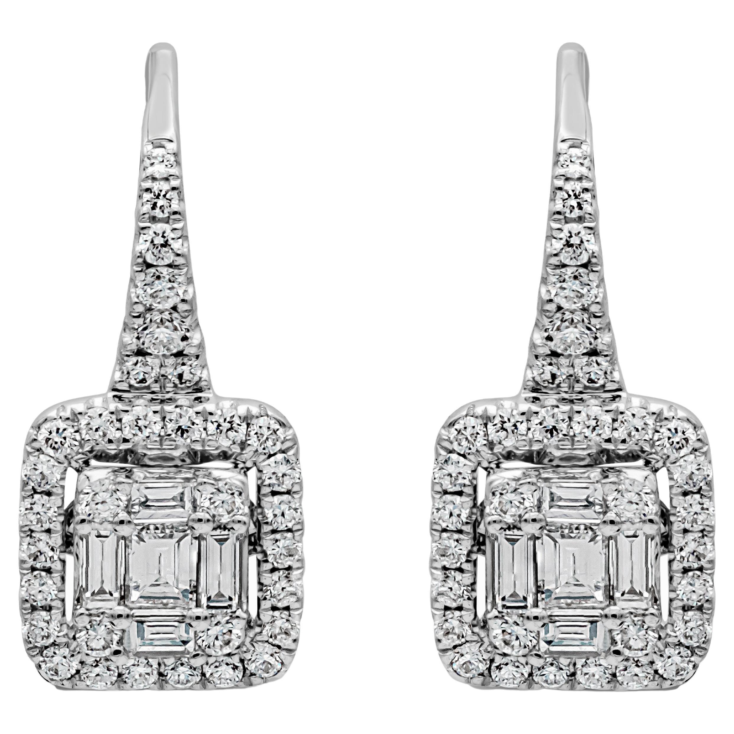 0.88 Carats Total Baguette and Round Diamond Lever-Back Illusion Dangle Earrings For Sale