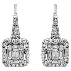 0.88 Carats Total Baguette and Round Diamond Lever-Back Illusion Dangle Earrings