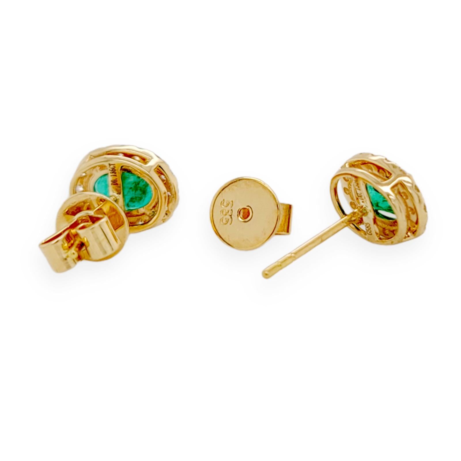 0.88 CT Colombian Emerald & 0.27 CT Diamonds in 14K Yellow Gold Stud Earrings For Sale 1