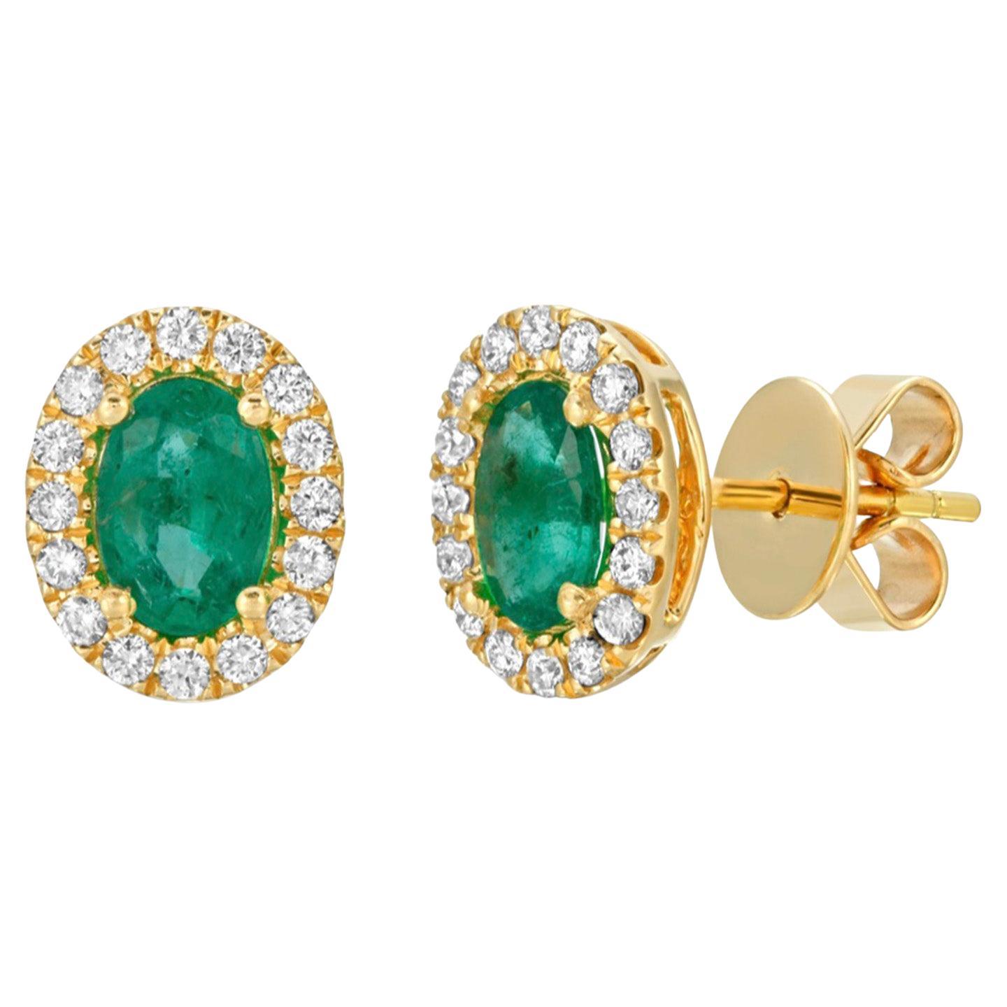 0.88 CT Colombian Emerald & 0.27 CT Diamonds in 14K Yellow Gold Stud Earrings For Sale