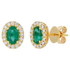 0.88 CT Colombian Emerald & 0.27 CT Diamonds in 14K Yellow Gold Stud Earrings