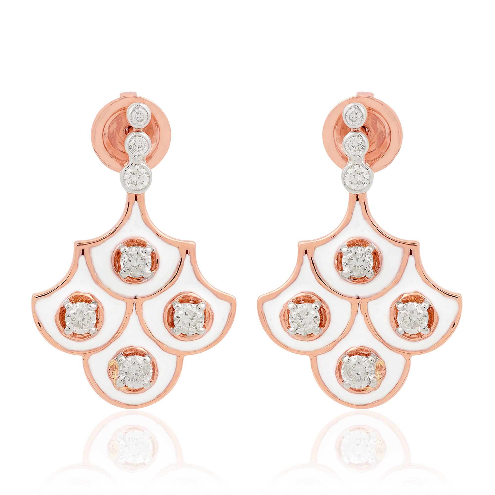 0.88 CTW White Enamel Diamond Dangle Earrings 18k Rose Gold Jewelry Gift for Her en vente