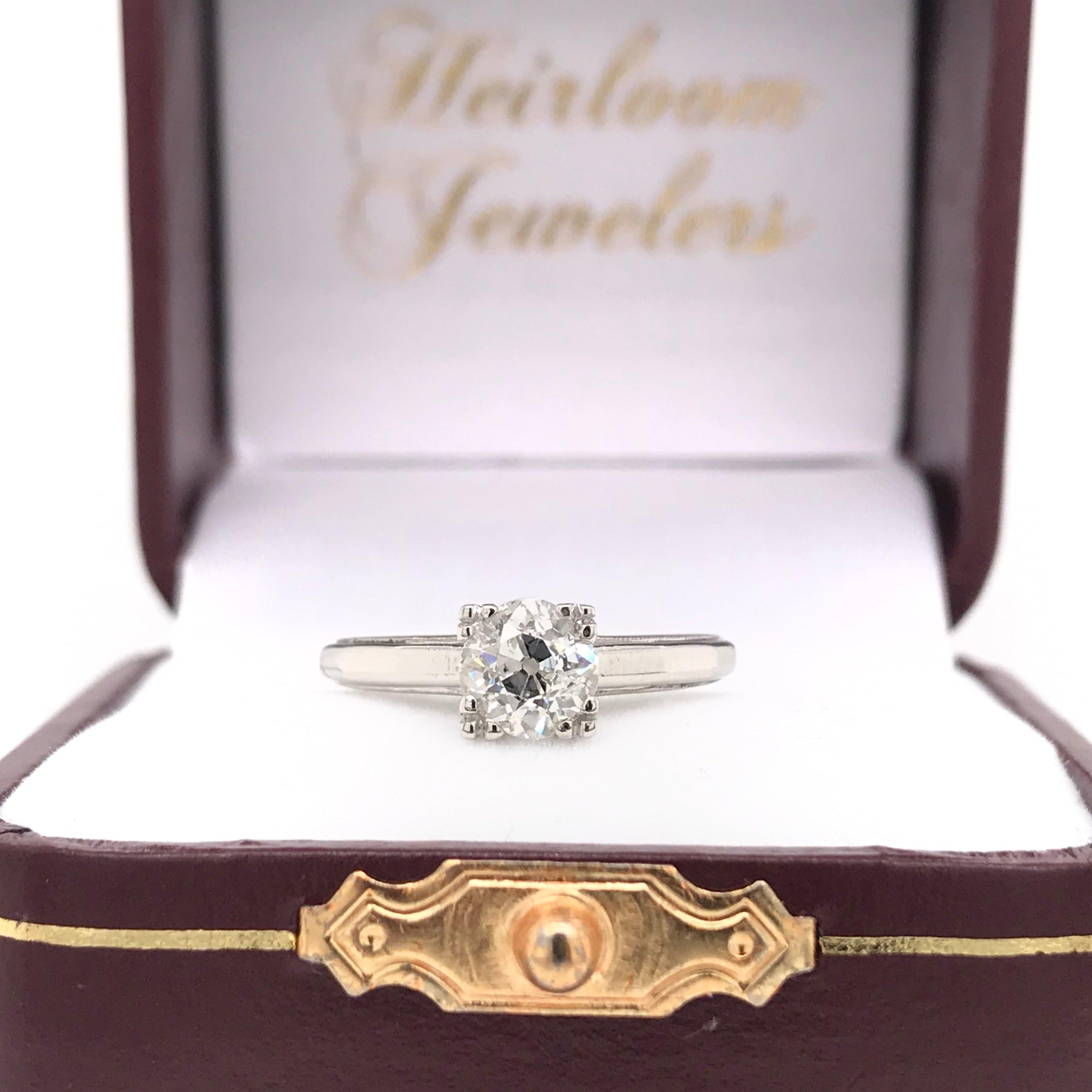 0.88 Old Mine Cut Diamond and Platinum Solitaire Style Ring For Sale 6