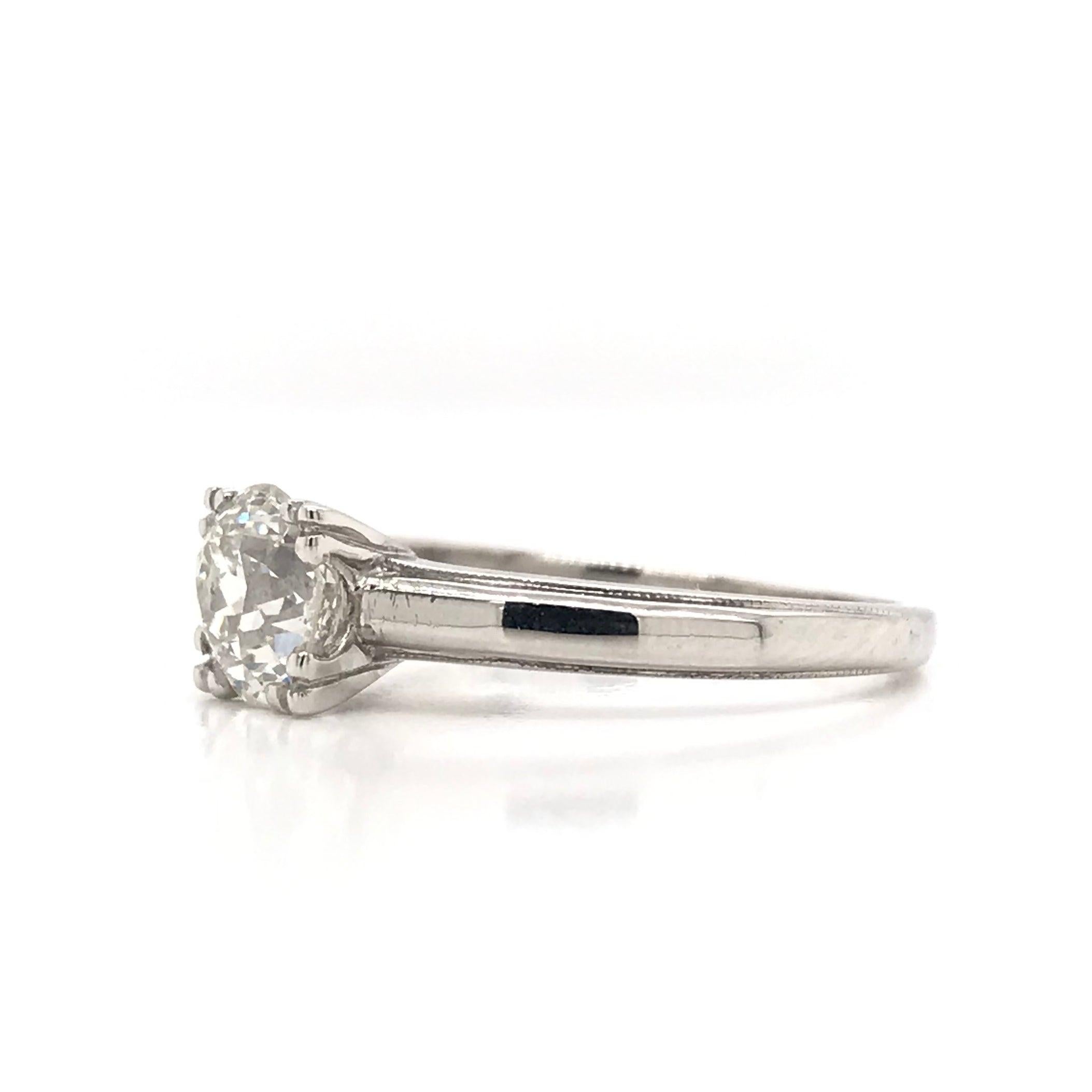 Art Deco 0.88 Old Mine Cut Diamond and Platinum Solitaire Style Ring For Sale