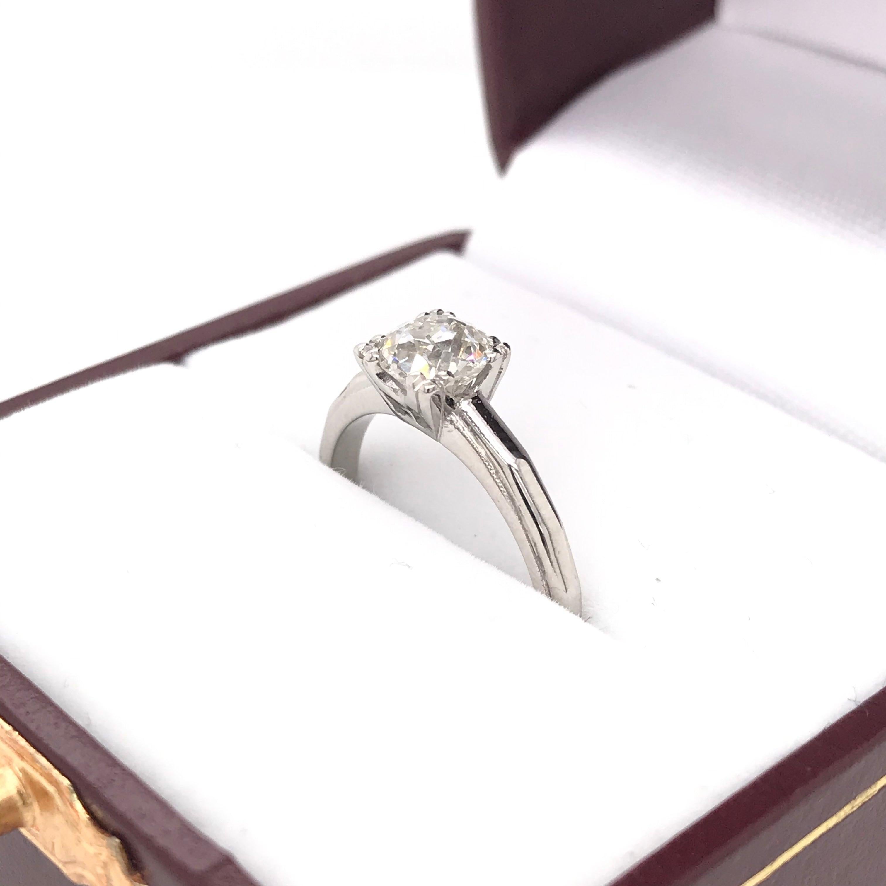 0.88 Old Mine Cut Diamond and Platinum Solitaire Style Ring For Sale 2