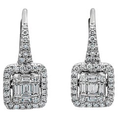 0.88 Total Carat Lever-Back Emerald Cut Illusion Diamond Dangle Earrings