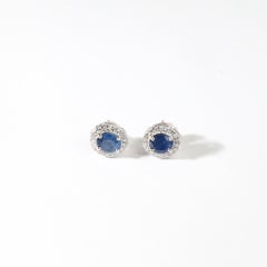 0.88ct Natural Oval Blue Sapphire & Diamond Halo Stud Earrings in 18K White Gold