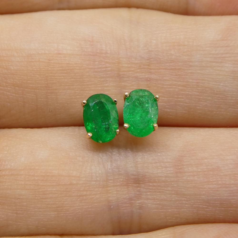 0.88ct Oval Green Colombian Emerald Stud Earrings set in 14k Yellow Gold For Sale 10