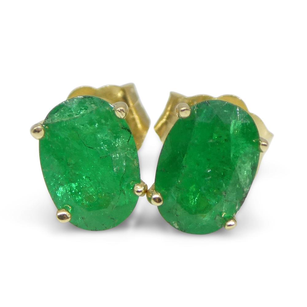 0.88ct Oval Green Colombian Emerald Stud Earrings set in 14k Yellow Gold For Sale 11
